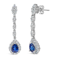 Load image into Gallery viewer, 18K White Gold 1 3/5 Cttw Diamond and 7X5 MM Pear Shaped Blue Sapphire 1 1/3 Inch Drop and Dangle Halo Earrings (G-H Color, VS1-VS2 Clarity)