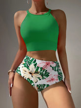 Load image into Gallery viewer, Island Bloom High Waist Bikini Set for Summer – Colorblock Tropical Print Two-Piece Swimsuit with Round Neckline Ultra-Stretch Fit & Applique Detail – Stylish and Comfortable Women’s Swimwear for Pool Beach & Summer Escapes