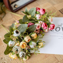 Load image into Gallery viewer, 15heads/1 bundle Silk Tea Roses Bride Bouquet for Christmas Home Wedding New Year Decoration Fake Artificial Flowers Home Decor