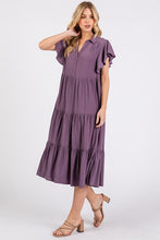 Load image into Gallery viewer, Ruffle Sleeve Collared V Neck Tiered Midi Dress For Women – Elegant and Feminine Dress with Ruffled Sleeves and Tiered Design