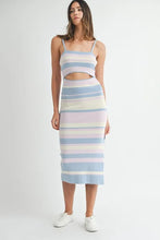 Load image into Gallery viewer, Multi Color Striped Front Cutout Knit Midi Dress For Women β Vibrant Striped Bodycon Dress, Cutout Knit Dress, Stylish Summer Midi Dress, Trendy Statement Dress