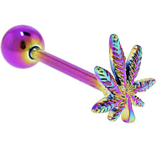 Load image into Gallery viewer, Rainbow Titanium Anodized 3-D Pot Leaf Barbell Tongue Ring