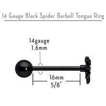 Load image into Gallery viewer, Black Titanium Anodized 3-D Spider Barbell Tongue Ring