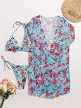 Load image into Gallery viewer, Bikini European Style Floral Print 3 Piece Swimsuit Set for Women – Sexy V Neck Bikini with Cross Strap Detail and Matching Long Sleeve Cover-Up – High Stretch Trendy Swimwear for Summer Beach Vacations Resort Looks and Poolside Fashion