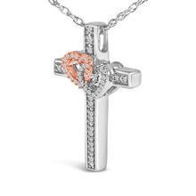 Load image into Gallery viewer, 14K Rose Gold Plated Sterling Silver 1/10 Cttw Diamond Cross & Heart Pendant Necklace