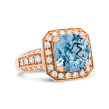 Load image into Gallery viewer, 18K Rose Gold 10x10mm Cushion Shaped Aquamarine and 1 1/8 Cttw Round Diamond Halo Ring (F-G Color, VS1-VS2 Clarity) - Ring Size 6.5