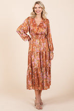 Load image into Gallery viewer, Flower Print Satin Lurex Stripe Smocked Midi Summer Dress β Elegant Midi Dress, Satin Lurex Dress, Floral Dress, Smocked Waist Dress, Romantic Midi Dress, Special Occasion Dress