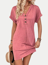 Load image into Gallery viewer, Elegant Button V-Neck Short Sleeve Dress Flattering Casual & Office Wear Simple Dress
