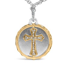 Load image into Gallery viewer, 14K Yellow Gold Plated Sterling Silver 1/10 Cttw Diamond Cross Medallion Pendant Necklace