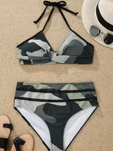 Load image into Gallery viewer, Bikini Camo Print 2 Piece High Cut Halter Swimsuit for Women – Vibrant V Neck Backless Bikini Set with Ruched Detail – Comfortable Stretchy Swimwear for Beach Pool and Summer Vacation