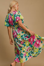 Load image into Gallery viewer, Colorful Full Size Floral Print Puff Sleeve Midi Dress Plus Size Elegant & Feminine Romantic Long Dress