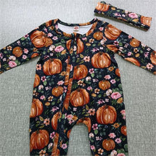 Load image into Gallery viewer, Baby Girls Footies Floral Print Ruffles Single Breasted Playsuit Headband Clothes Outfits For Girls with Bow Floral Printed