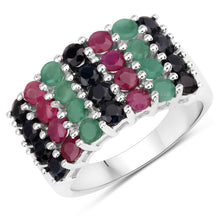 Load image into Gallery viewer, "3.40 Carat Genuine Emerald, Ruby and Black Sapphire .925 Sterling Silver Ring