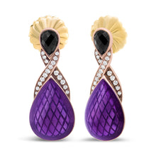 Load image into Gallery viewer, 18K Rose Gold Flash Plated .925 Sterling Silver Purple Enamel 1/5 Cttw Round Pave-Set Diamond and 5.5 x 4mm Pear-Shaped Black Onyx Drop Earrings (F-G Color, VS1-VS2 Clarity)