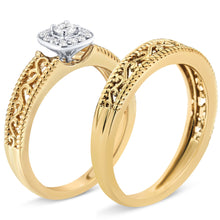 Load image into Gallery viewer, 14K Yellow Gold Plated .925 Sterling Silver 1/5 Cttw Diamond Halo and Milgrain Finish Engagement Ring Bridal Set (I-J Color I3 Clarity) - Size 7