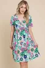 Load image into Gallery viewer, Ruched Floral V-Neck Short Sleeve Summer Dress – Flattering and Feminine Dress with a Chic V-Neckline and Ruched Detailing