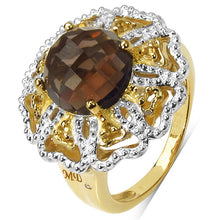 Load image into Gallery viewer, 14K Yellow Gold Plated 3.23 Carat Genuine Smoky Quartz, Citrine & White Diamond .925 Sterling Silver Ring