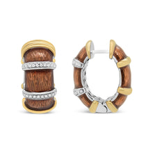 Load image into Gallery viewer, 18K Yellow and White Gold Flash Plated .925 Sterling Silver Clear Brown Enamel 9/10 Cttw Round Diamonds Huggie Hoop Earrings (F-G Color, VS1-VS2 Clarity)