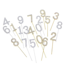 Load image into Gallery viewer, 1Pc Glitter Alloy Rhinestone Number Cake Toppers Pieces Silver Glitter Number Cake Toppers Double Sided Twinkle Happy Birthday Cake Topper Cupcake Toppers For Wedding Baby Shower Birthday Decoration Wedding Gold Silver Digital Cakes Dessert Decor