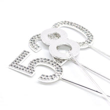 Load image into Gallery viewer, 1Pc Glitter Alloy Rhinestone Number Cake Toppers Pieces Silver Glitter Number Cake Toppers Double Sided Twinkle Happy Birthday Cake Topper Cupcake Toppers For Wedding Baby Shower Birthday Decoration Wedding Gold Silver Digital Cakes Dessert Decor