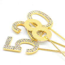 Load image into Gallery viewer, 1Pc Glitter Alloy Rhinestone Number Cake Toppers Pieces Silver Glitter Number Cake Toppers Double Sided Twinkle Happy Birthday Cake Topper Cupcake Toppers For Wedding Baby Shower Birthday Decoration Wedding Gold Silver Digital Cakes Dessert Decor