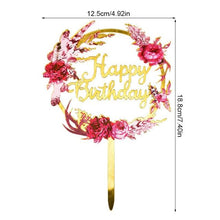 Load image into Gallery viewer, 1Pcs Metal Happy Birthday Cake Topper Artificial flowers Cake Toppers Happy Birthday Cake Topper Metal And Acrylic Cake Decoration With Pink Artificial Flower Cluster For DIY Baby Shower Birthday Party Decoration Baking Decor