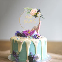 Load image into Gallery viewer, 1Pcs Metal Happy Birthday Cake Topper Artificial flowers Cake Toppers Happy Birthday Cake Topper Metal And Acrylic Cake Decoration With Pink Artificial Flower Cluster For DIY Baby Shower Birthday Party Decoration Baking Decor