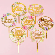 Load image into Gallery viewer, 1Pcs Metal Happy Birthday Cake Topper Artificial flowers Cake Toppers Happy Birthday Cake Topper Metal And Acrylic Cake Decoration With Pink Artificial Flower Cluster For DIY Baby Shower Birthday Party Decoration Baking Decor