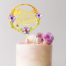 Load image into Gallery viewer, 1Pcs Metal Happy Birthday Cake Topper Artificial flowers Cake Toppers Happy Birthday Cake Topper Metal And Acrylic Cake Decoration With Pink Artificial Flower Cluster For DIY Baby Shower Birthday Party Decoration Baking Decor