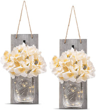 Load image into Gallery viewer, 2 Pack Rustic Jar Fairy Strip Lights Wall Decor Hydrangea Sconces Decorative Home Chic Hanging LED FlowersHanging Design with Remote Control LED Fairy Lights and White Peony, Farmhouse Kitchen Decorations Wall Home Decor Living Room Lights Set of Two