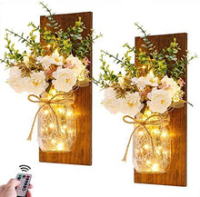 Load image into Gallery viewer, 2 Pack Rustic Jar Fairy Strip Lights Wall Decor Hydrangea Sconces Decorative Home Chic Hanging LED FlowersHanging Design with Remote Control LED Fairy Lights and White Peony, Farmhouse Kitchen Decorations Wall Home Decor Living Room Lights Set of Two