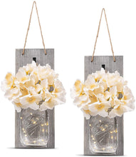 Load image into Gallery viewer, 2 Pack Rustic Jar Fairy Strip Lights Wall Decor Hydrangea Sconces Decorative Home Chic Hanging LED FlowersHanging Design with Remote Control LED Fairy Lights and White Peony, Farmhouse Kitchen Decorations Wall Home Decor Living Room Lights Set of Two
