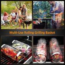 Load image into Gallery viewer, 2 PCS Grill Basket BBQ Rolling Grilling Basket Stainless Steel Grill Mesh Barbeque Portable Grill Accessories for Fish BBQ Rolling Grilling Basket for Outdoor Grill Cylindrical Stainless Steel Grill
