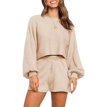 Load image into Gallery viewer, 2-Piece: Knit Outfits Puff Sleeve Crop Top Shorts Set Sweater Sweatsuit