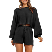 Load image into Gallery viewer, 2-Piece: Knit Outfits Puff Sleeve Crop Top Shorts Set Sweater Sweatsuit
