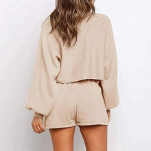 Load image into Gallery viewer, 2-Piece: Knit Outfits Puff Sleeve Crop Top Shorts Set Sweater Sweatsuit