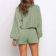 Load image into Gallery viewer, 2-Piece: Knit Outfits Puff Sleeve Crop Top Shorts Set Sweater Sweatsuit