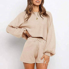 Load image into Gallery viewer, 2-Piece: Knit Outfits Puff Sleeve Crop Top Shorts Set Sweater Sweatsuit