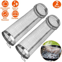 Load image into Gallery viewer, 2-Piece: Portable BBQ Rolling Basket Round Stainless Steel Grill