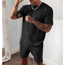 Load image into Gallery viewer, 2-Piece Set: Crew Neck Striped Athleisure Short Sleeve