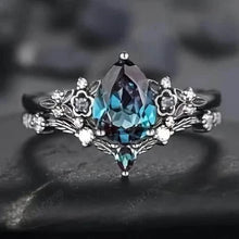 Load image into Gallery viewer, 2-Piece Set: Gothic Black & Golden Engagement Ring Set with Pear-Shaped Cubic Zirconia