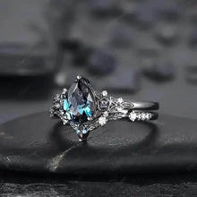 Load image into Gallery viewer, 2-Piece Set: Gothic Black & Golden Engagement Ring Set with Pear-Shaped Cubic Zirconia