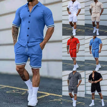 Load image into Gallery viewer, 2-Piece Set: Men's Short Sleeve Plain Stripes Lapel