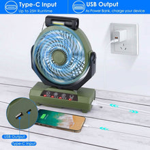Load image into Gallery viewer, 20000mAh Rechargeable Oscillating Camping Fan with Flashlight Hanging Hook Remote Control