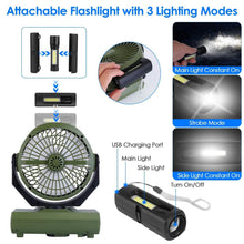 Load image into Gallery viewer, 20000mAh Rechargeable Oscillating Camping Fan with Flashlight Hanging Hook Remote Control