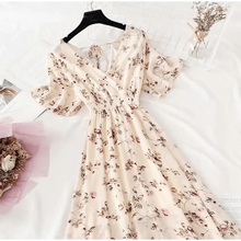 Load image into Gallery viewer, Summer Women Ruffled Short-sleeved Chiffon Dress V-neck High Waist Floral Print Beach Midi Dresses For Women