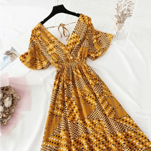 Load image into Gallery viewer, Summer Women Ruffled Short-sleeved Chiffon Dress V-neck High Waist Floral Print Beach Midi Dresses For Women