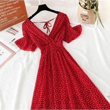 Load image into Gallery viewer, Summer Women Ruffled Short-sleeved Chiffon Dress V-neck High Waist Floral Print Beach Midi Dresses For Women