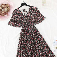 Load image into Gallery viewer, Summer Women Ruffled Short-sleeved Chiffon Dress V-neck High Waist Floral Print Beach Midi Dresses For Women