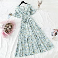 Load image into Gallery viewer, Summer Women Ruffled Short-sleeved Chiffon Dress V-neck High Waist Floral Print Beach Midi Dresses For Women